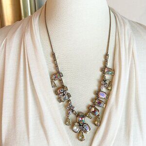 J. Crew Statement Necklace w Iridescent & Teardrop Crystals Antique Gold Tone
